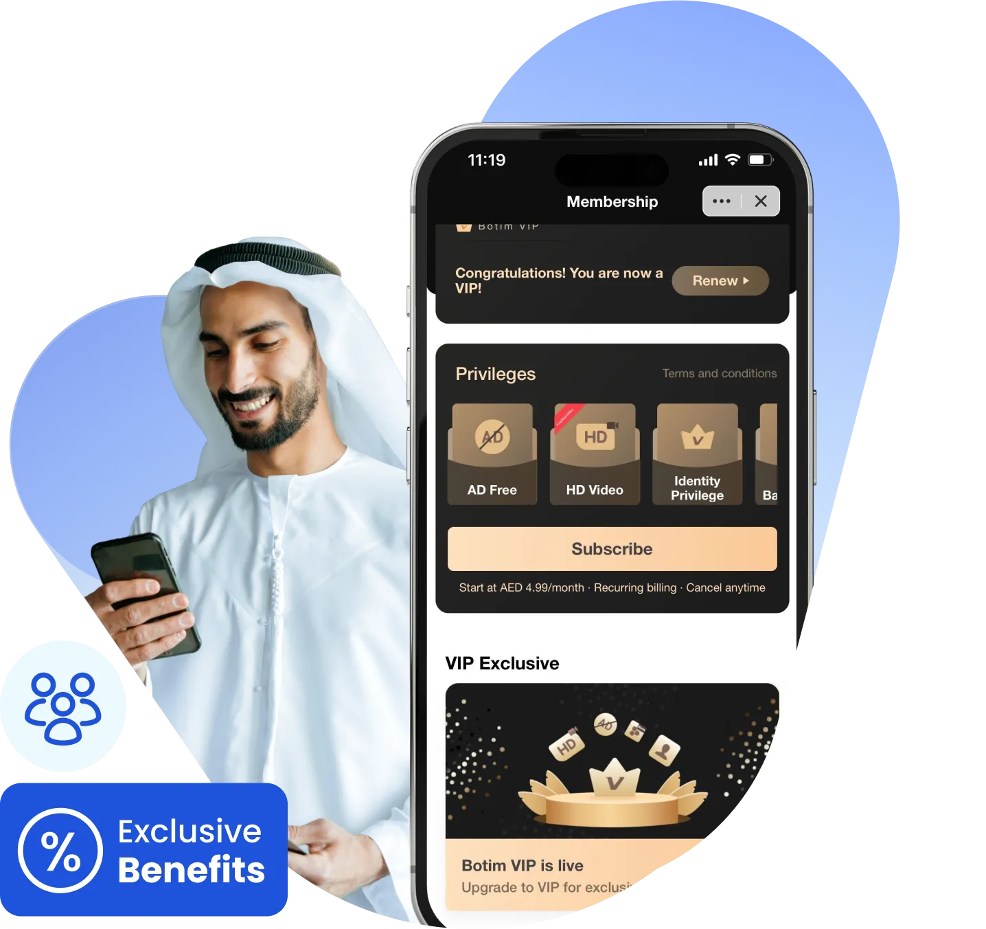 Arab man looking at his phone and smiling