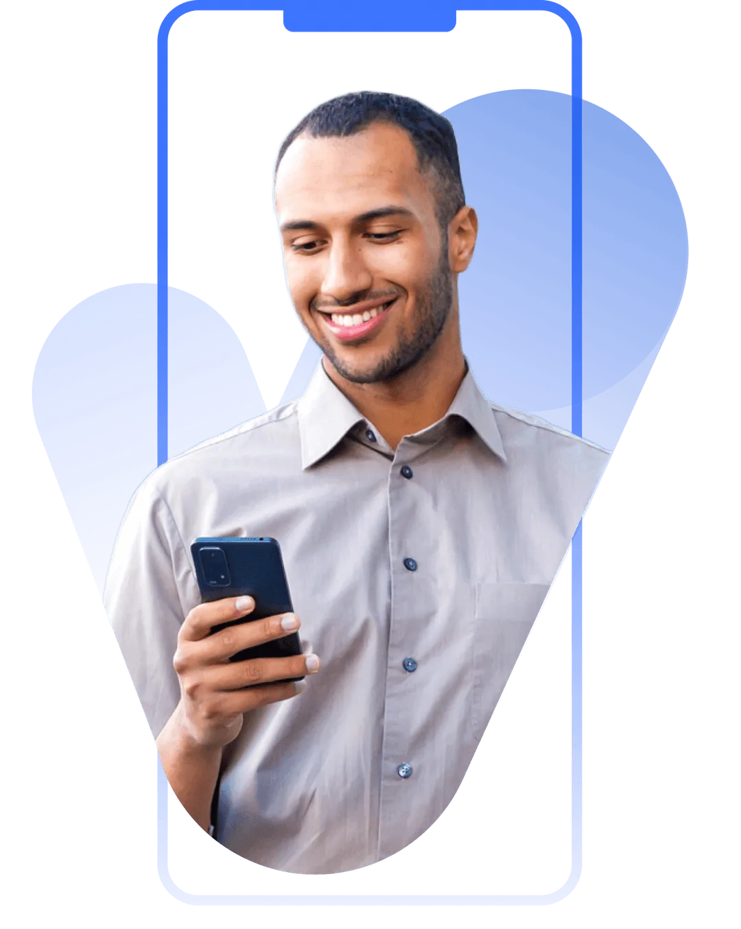 Guy holding phone and looking at it with background of mobile