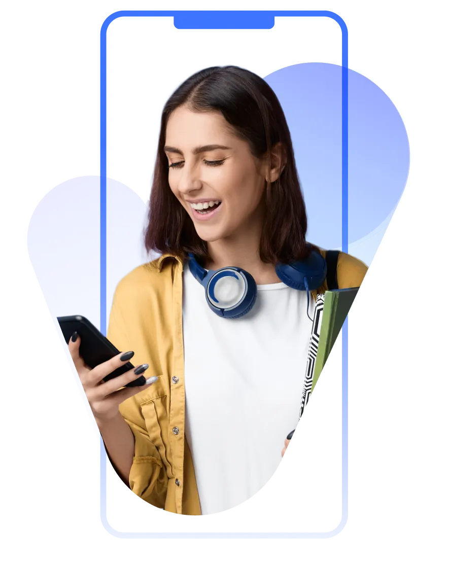 A woman holding a smart phone in her hand.