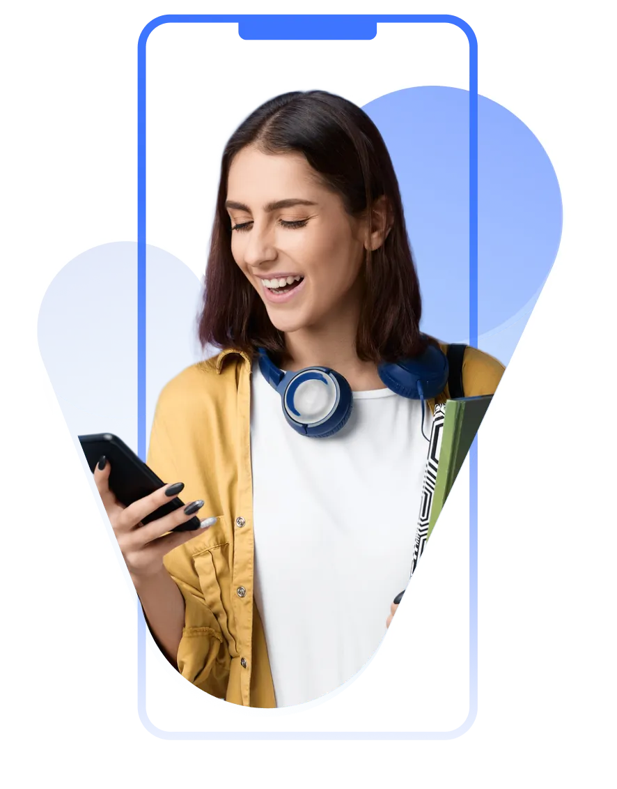 A woman holding a smart phone and wearing a headset.